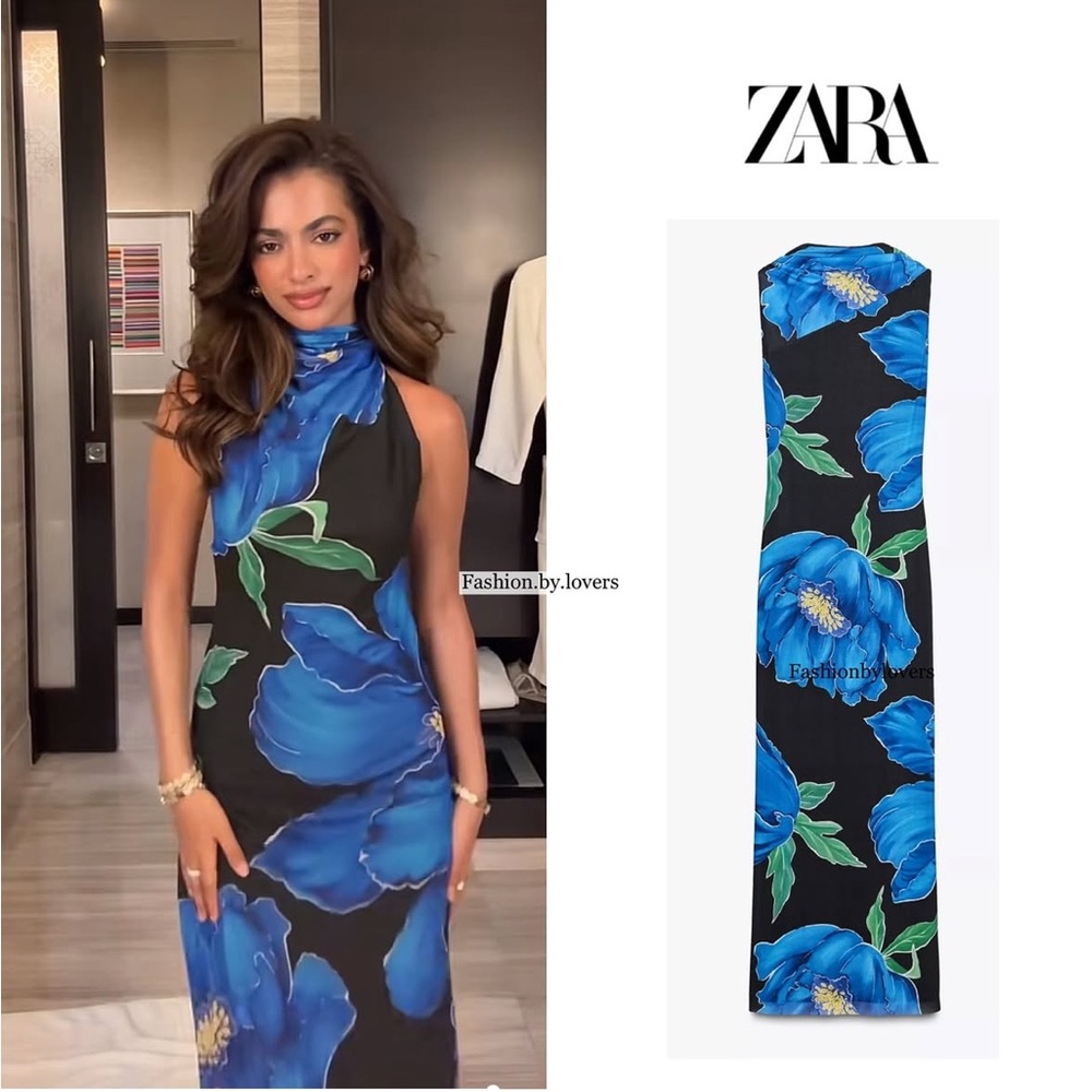 Zara BLUE FLORAL FLOWY PRINT HALTER NECK DRESS  - NWT! - Picture 9 of 16